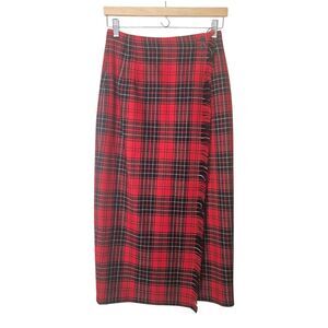 VTG Rafaella 6 Wool‎ Plaid Maxi Wrap Skirt Fringe Red Black Academia Classic 80s